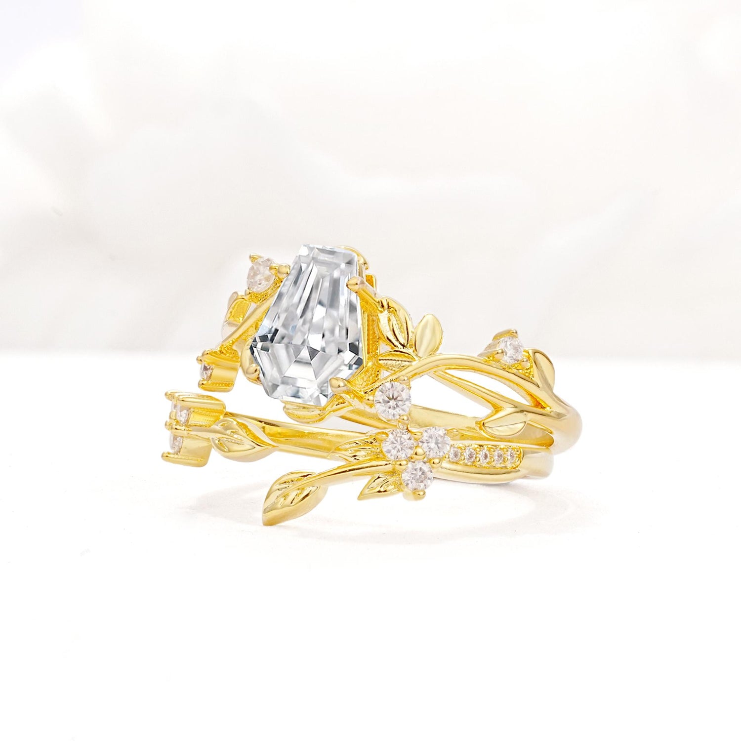 Nature-Inspired Coffin Cut Moissanite Engagement Ring Set with Leaf Accents - Rose-Gold