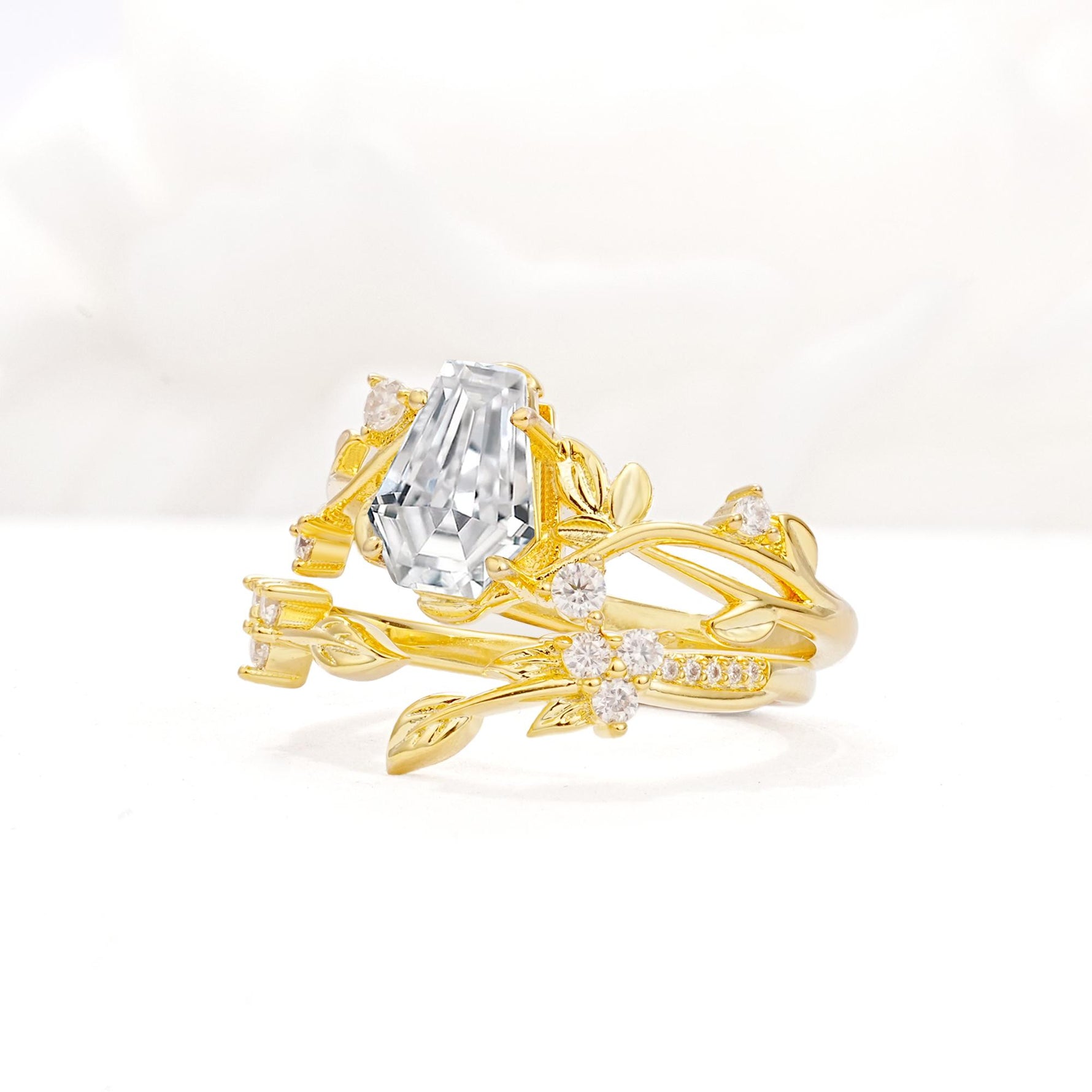 Nature-Inspired Coffin Cut Moissanite Engagement Ring Set with Leaf Accents - Rose-Gold