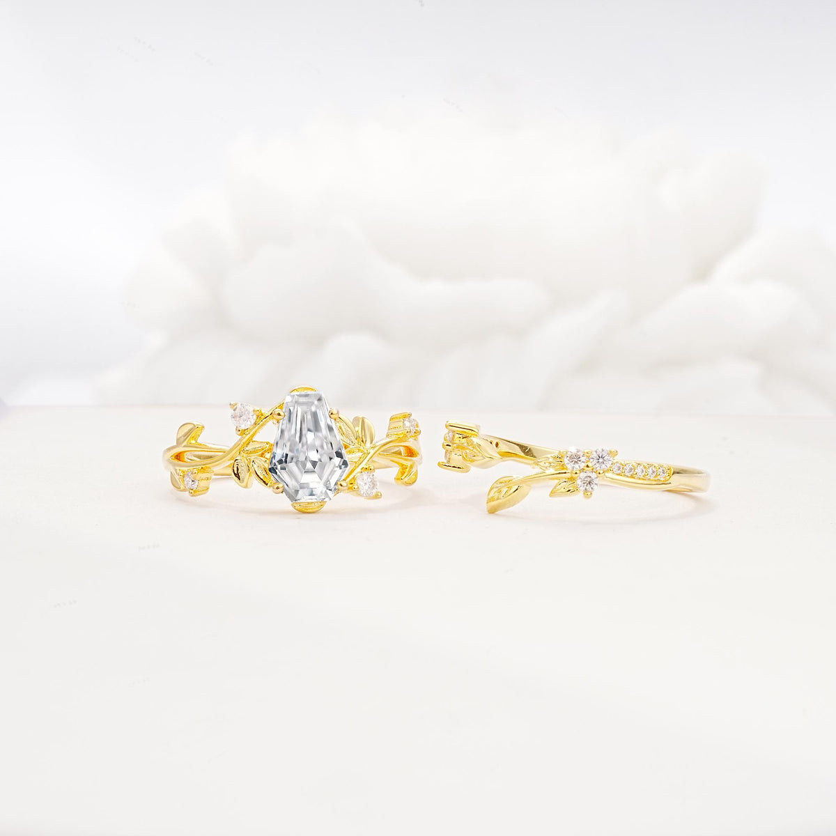 Nature-Inspired Coffin Cut Moissanite Engagement Ring Set with Leaf Accents - Additional view