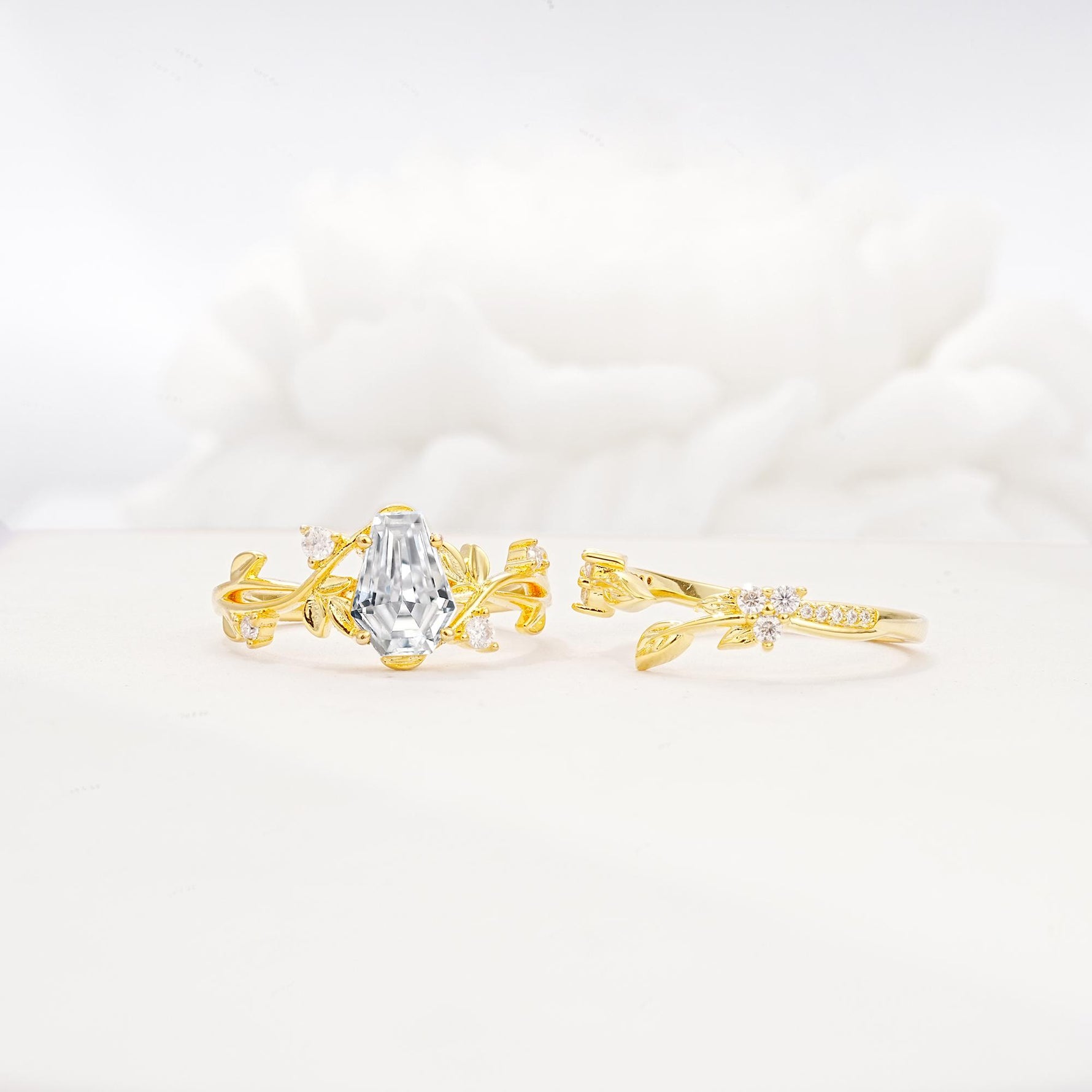 Nature-Inspired Coffin Cut Moissanite Engagement Ring Set with Leaf Accents - Additional view