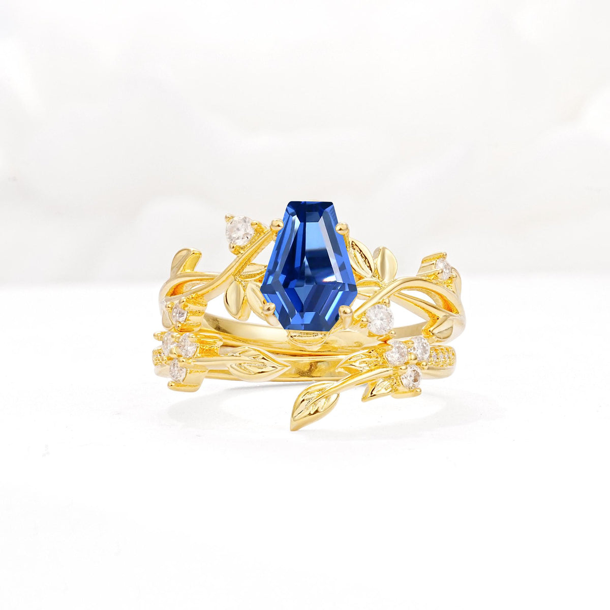 Nature-Inspired Coffin Cut Sapphire Engagement Ring Set with Leaf Accents - Yellow-Gold