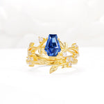Nature-Inspired Coffin Cut Sapphire Engagement Ring Set with Leaf Accents - Yellow-Gold