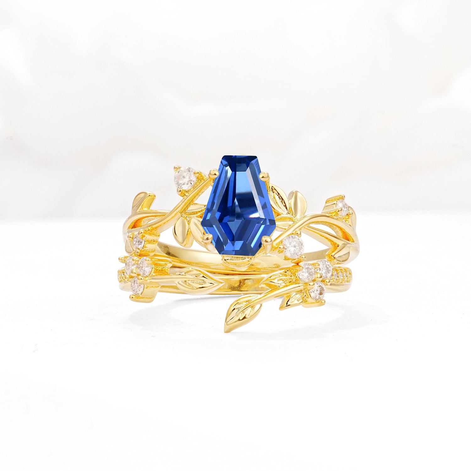 Nature-Inspired Coffin Cut Sapphire Engagement Ring Set with Leaf Accents - Yellow-Gold