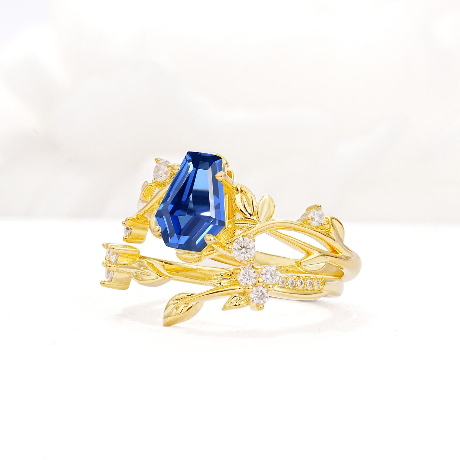 Nature-Inspired Coffin Cut Sapphire Engagement Ring Set with Leaf Accents - Rose-Gold