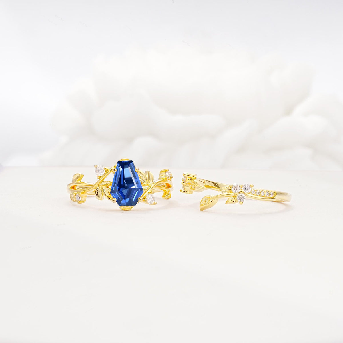 Nature-Inspired Coffin Cut Sapphire Engagement Ring Set with Leaf Accents - Additional view