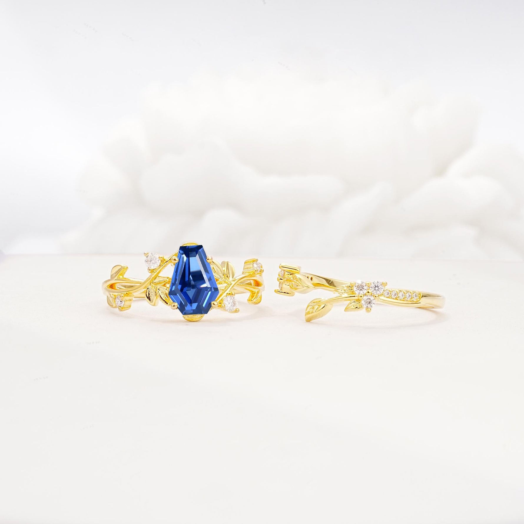 Nature-Inspired Coffin Cut Sapphire Engagement Ring Set with Leaf Accents - Additional view