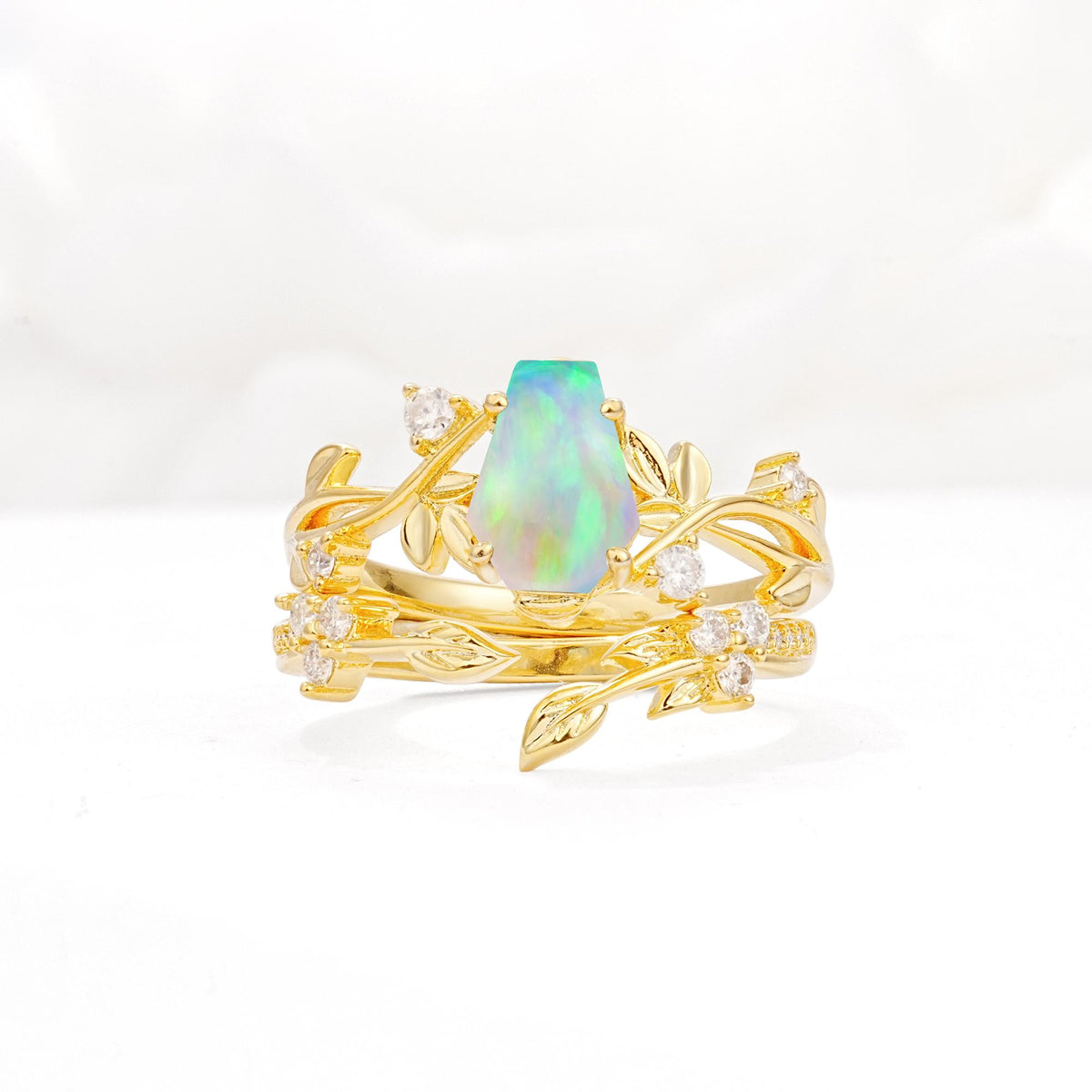 Nature-Inspired Coffin Cut Fire Opal Engagement Ring Set with Leaf Accents - Yellow-Gold