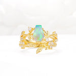 Nature-Inspired Coffin Cut Fire Opal Engagement Ring Set with Leaf Accents - Yellow-Gold
