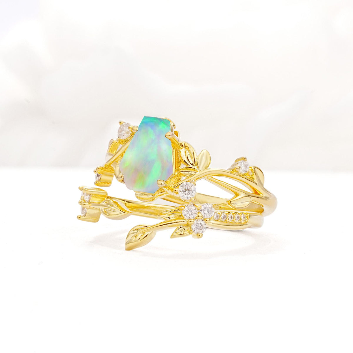 Nature-Inspired Coffin Cut Fire Opal Engagement Ring Set with Leaf Accents - Rose-Gold