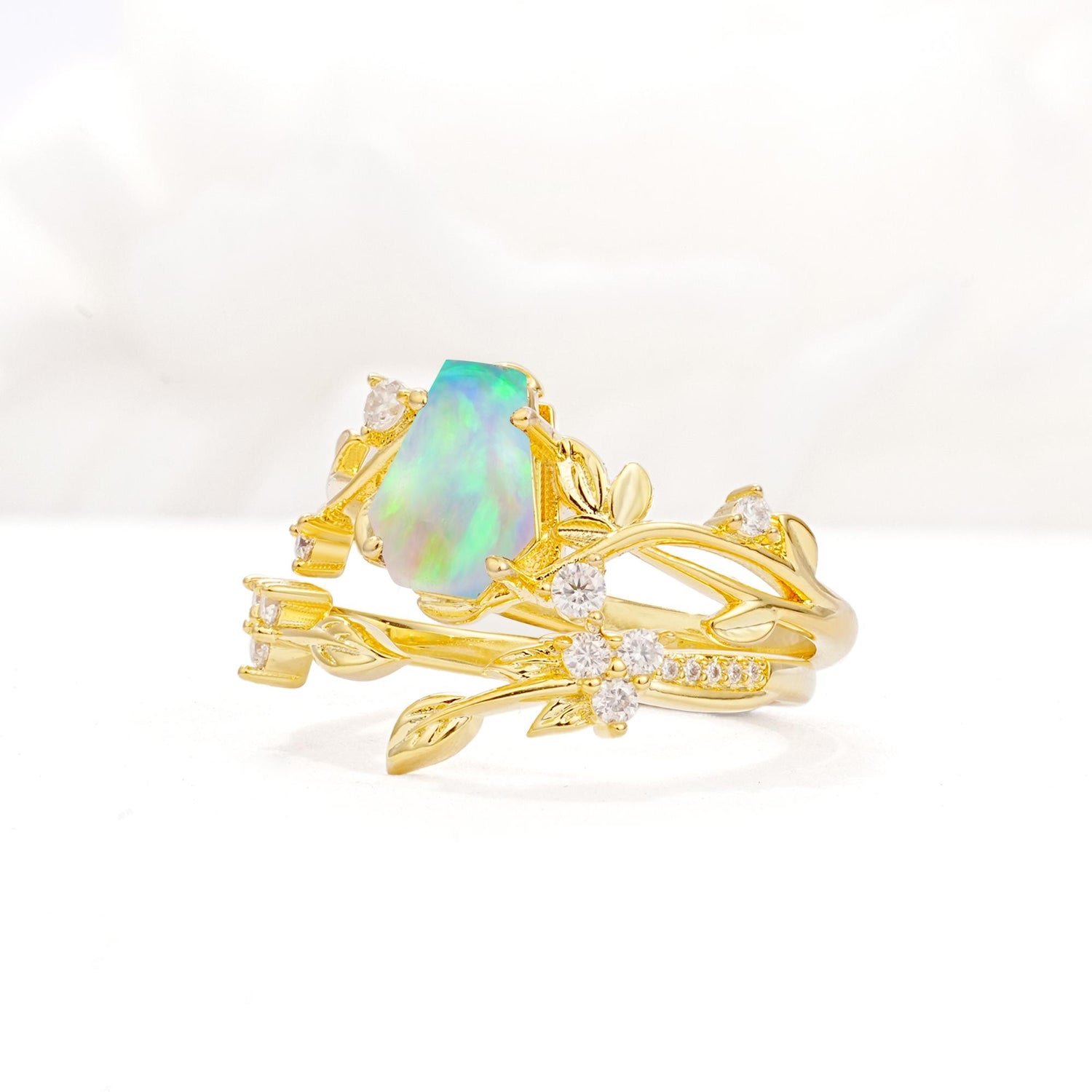 Nature-Inspired Coffin Cut Fire Opal Engagement Ring Set with Leaf Accents - Rose-Gold