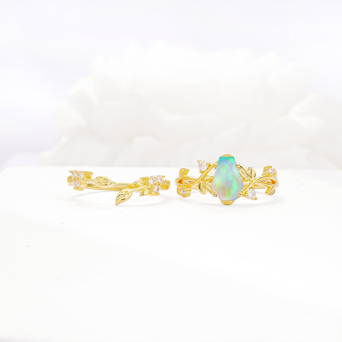 Nature-Inspired Coffin Cut Fire Opal Engagement Ring Set with Leaf Accents - White-Gold