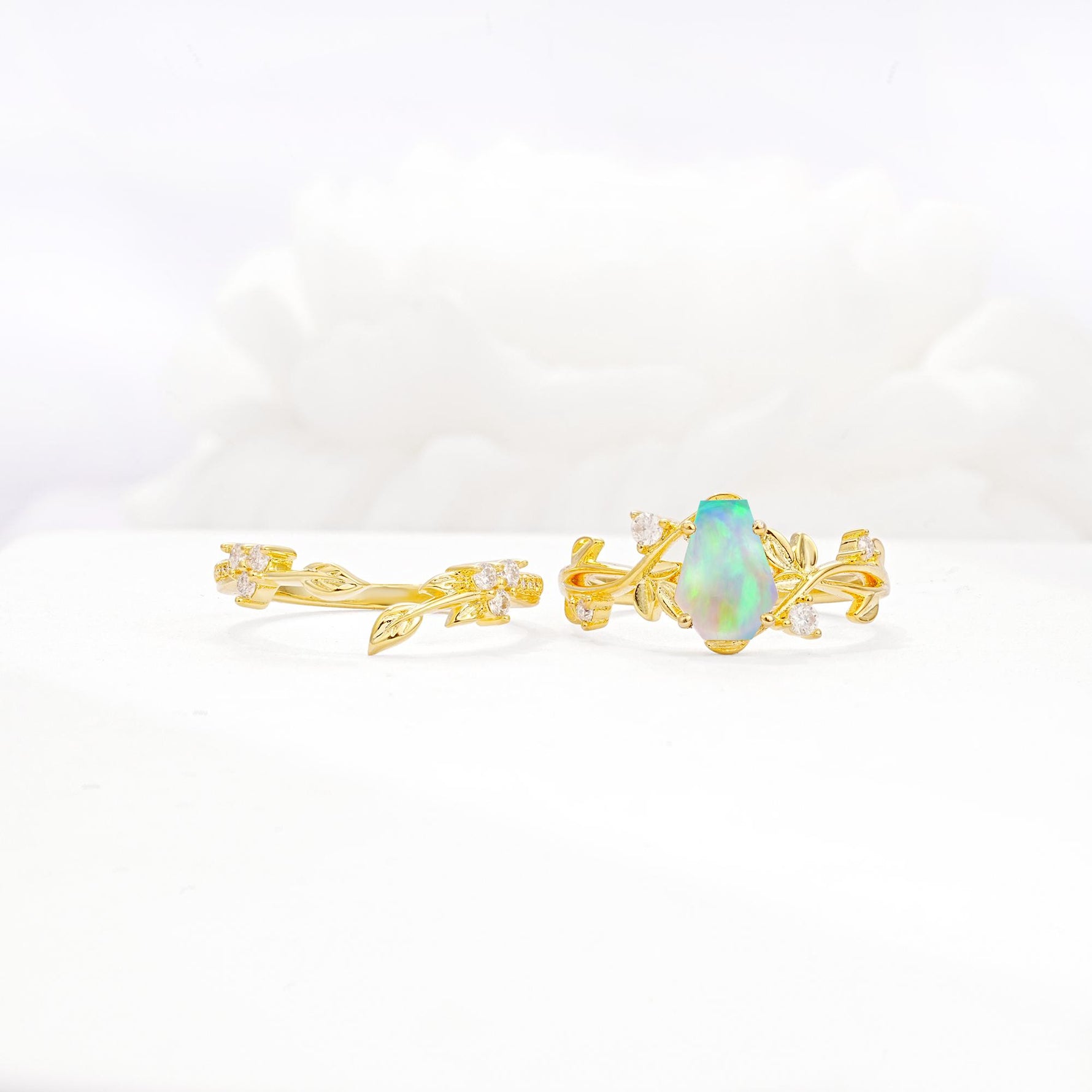 Nature-Inspired Coffin Cut Fire Opal Engagement Ring Set with Leaf Accents - White-Gold