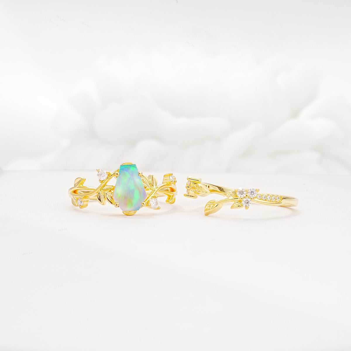 Nature-Inspired Coffin Cut Fire Opal Engagement Ring Set with Leaf Accents - Additional view
