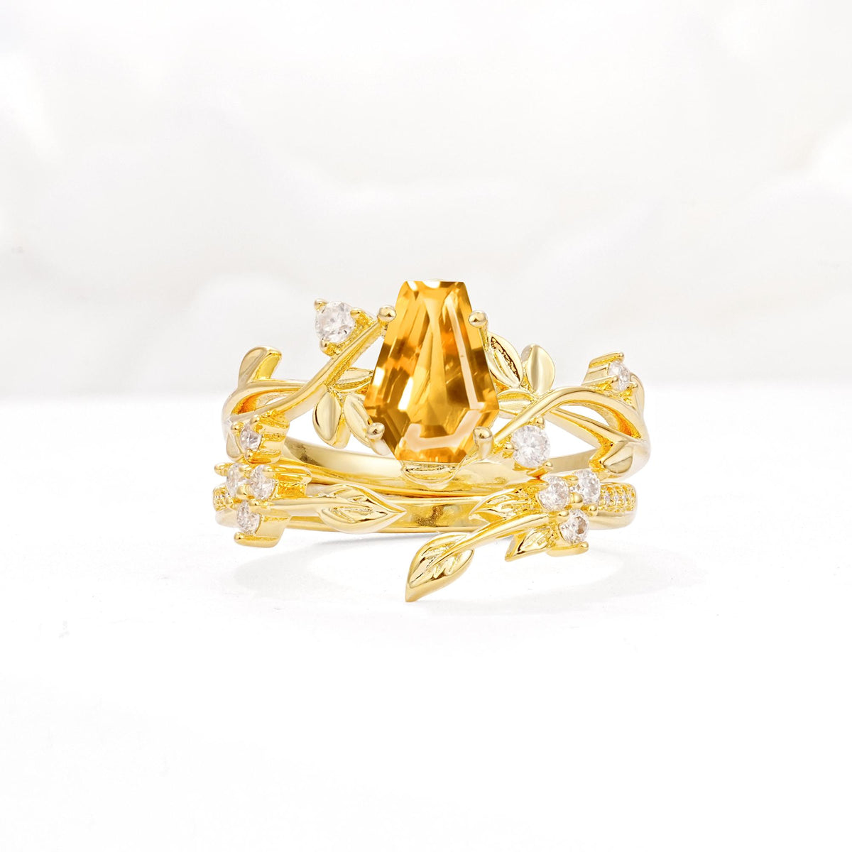 Nature-Inspired Coffin Cut Citrine Engagement Ring Set with Leaf Accents - Yellow-Gold