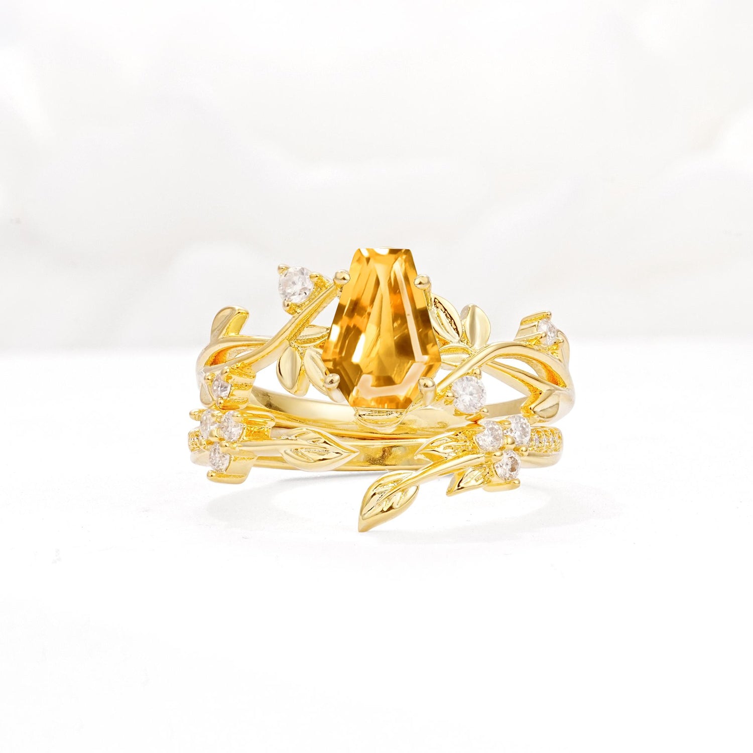Nature-Inspired Coffin Cut Citrine Engagement Ring Set with Leaf Accents - Yellow-Gold