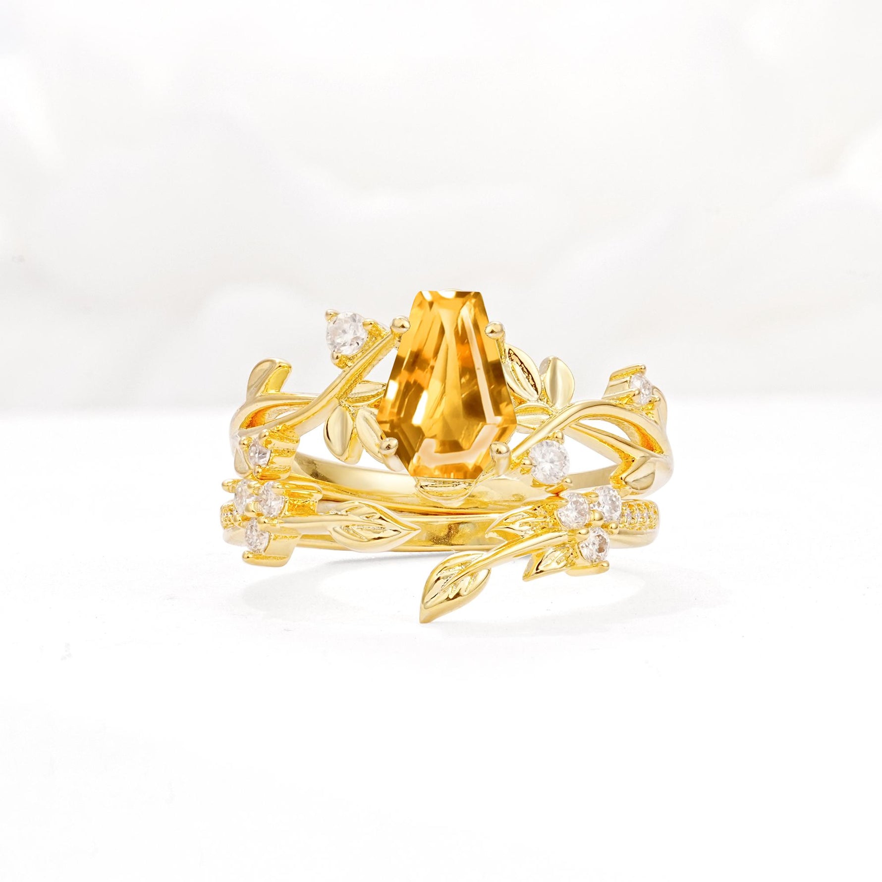 Nature-Inspired Coffin Cut Citrine Engagement Ring Set with Leaf Accents - Yellow-Gold