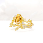 Nature-Inspired Coffin Cut Citrine Engagement Ring Set with Leaf Accents - Rose-Gold