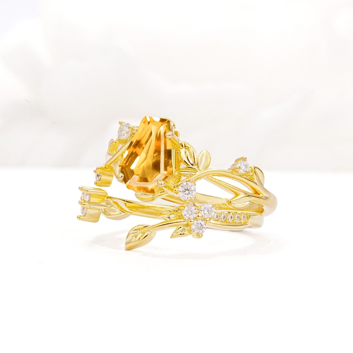 Nature-Inspired Coffin Cut Citrine Engagement Ring Set with Leaf Accents - Rose-Gold