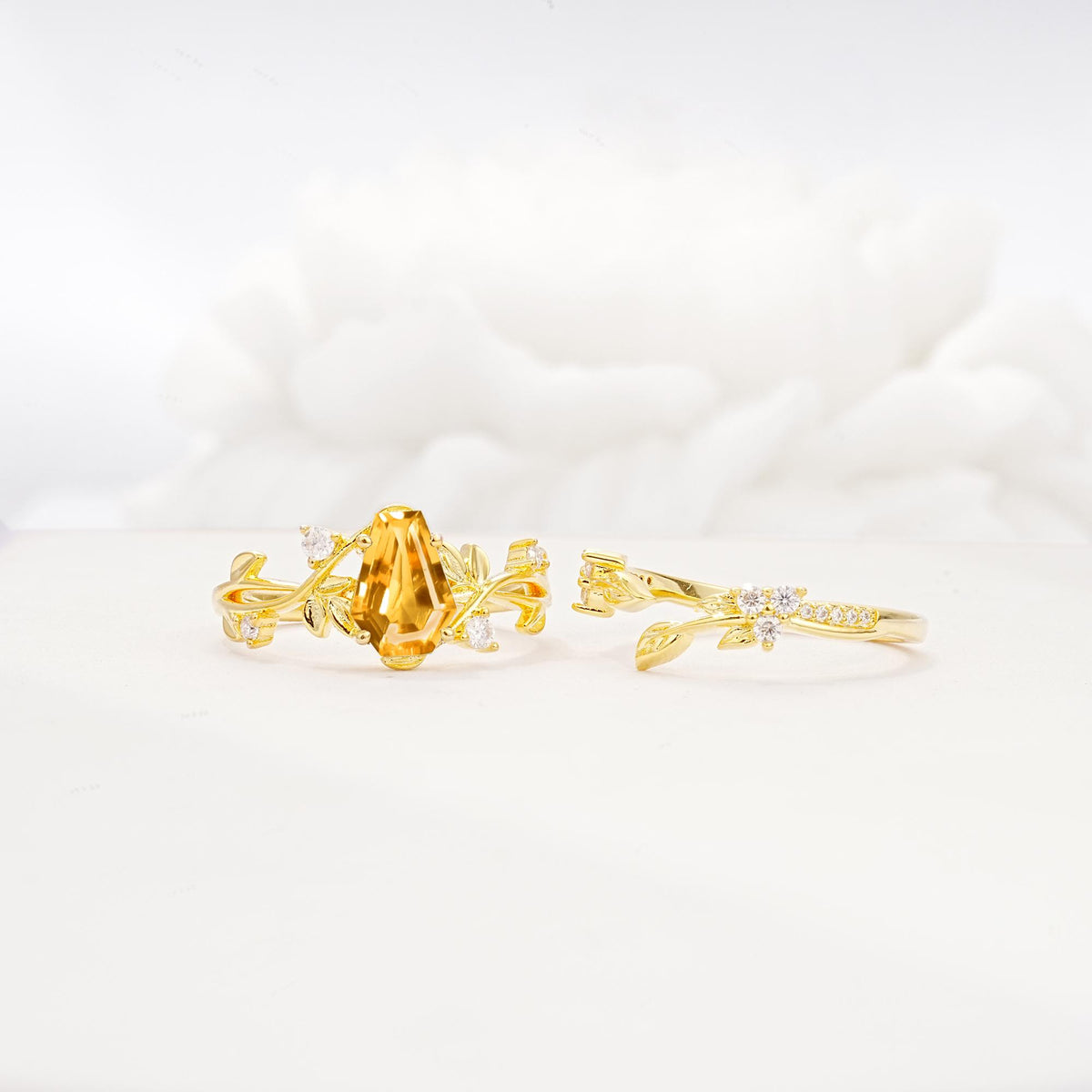 Nature-Inspired Coffin Cut Citrine Engagement Ring Set with Leaf Accents - Additional view
