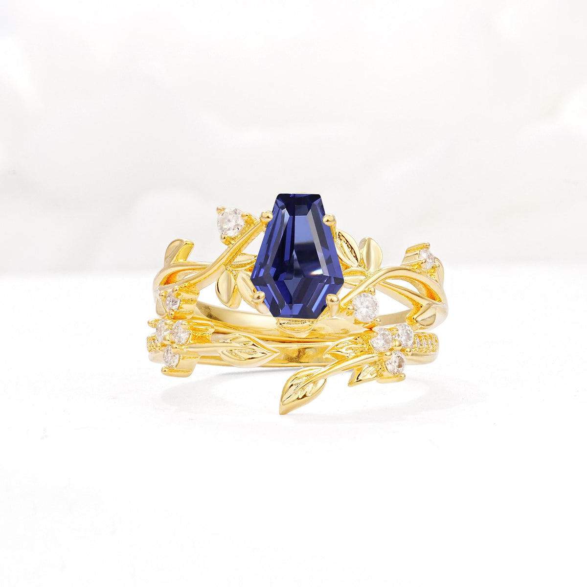 Nature-Inspired Coffin Cut Tanzanite Engagement Ring Set with Leaf Accents - Yellow-Gold