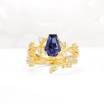 Nature-Inspired Coffin Cut Tanzanite Engagement Ring Set with Leaf Accents - Yellow-Gold