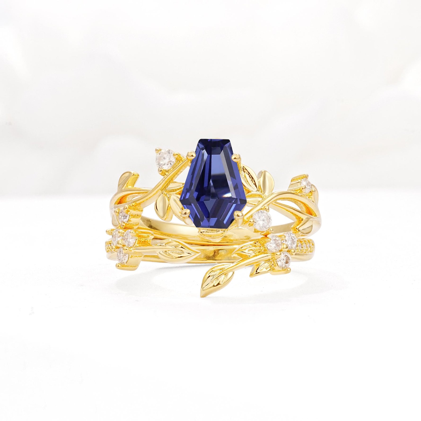Nature-Inspired Coffin Cut Tanzanite Engagement Ring Set with Leaf Accents - Yellow-Gold