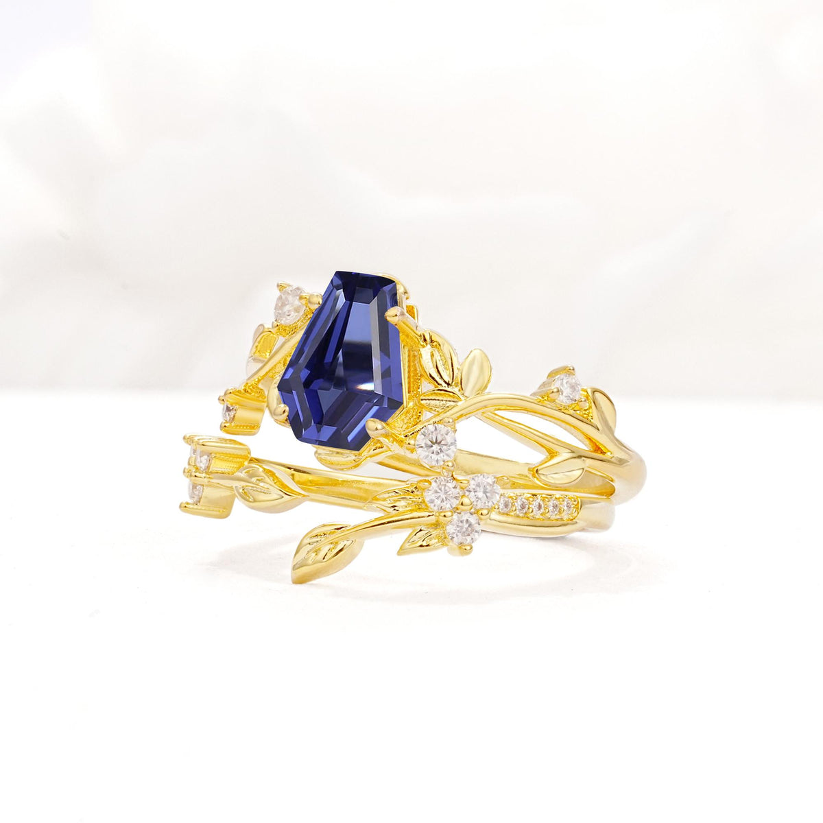 Nature-Inspired Coffin Cut Tanzanite Engagement Ring Set with Leaf Accents - Rose-Gold
