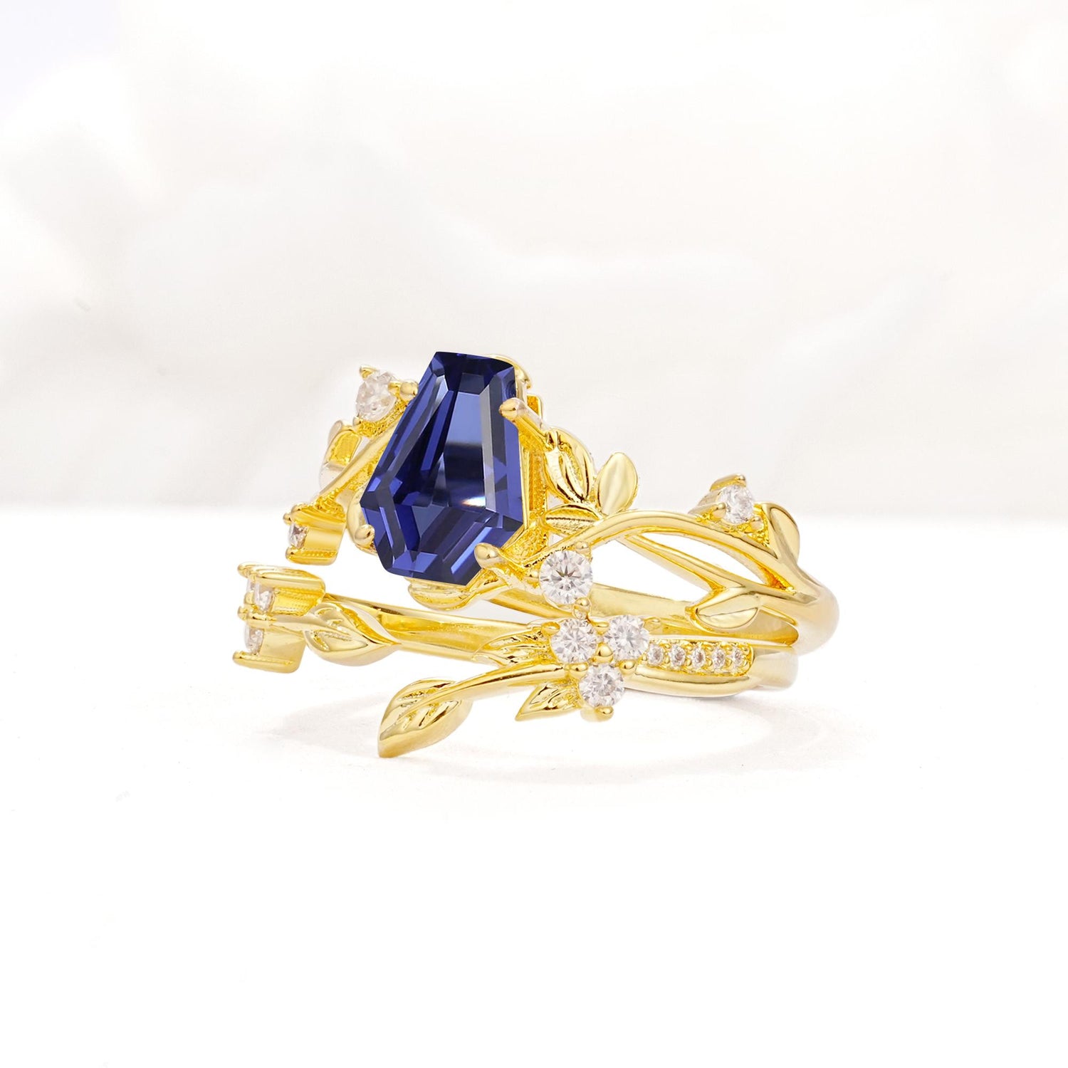 Nature-Inspired Coffin Cut Tanzanite Engagement Ring Set with Leaf Accents - Rose-Gold