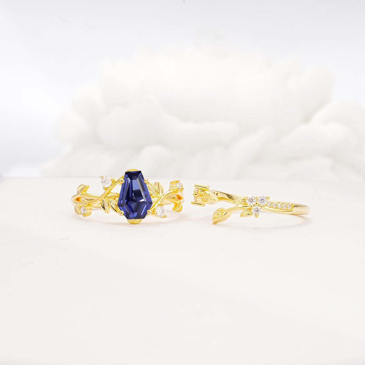 Nature-Inspired Coffin Cut Tanzanite Engagement Ring Set with Leaf Accents - Additional view