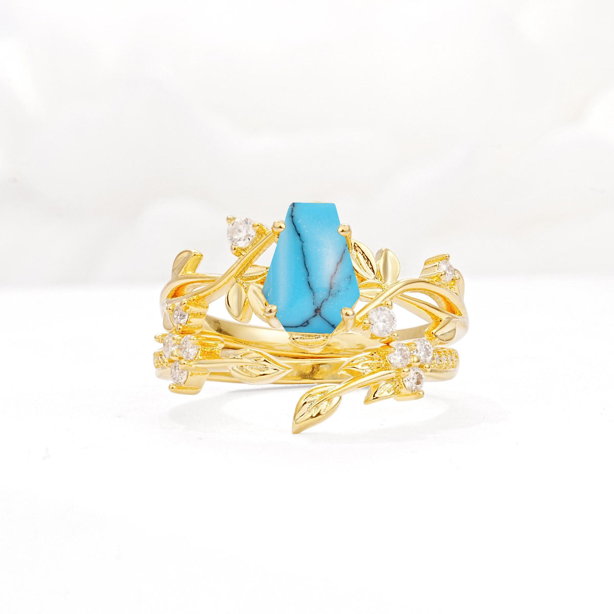 Nature-Inspired Coffin Cut Turquoise Engagement Ring Set with Leaf Accents - Yellow-Gold