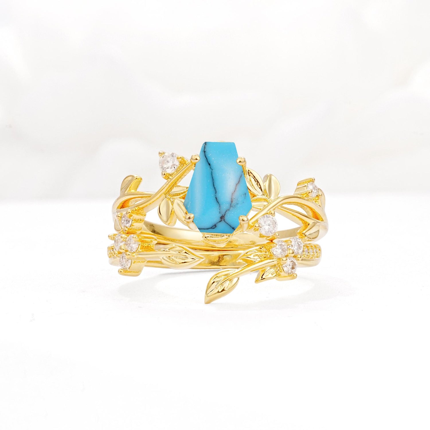 Nature-Inspired Coffin Cut Turquoise Engagement Ring Set with Leaf Accents - Yellow-Gold