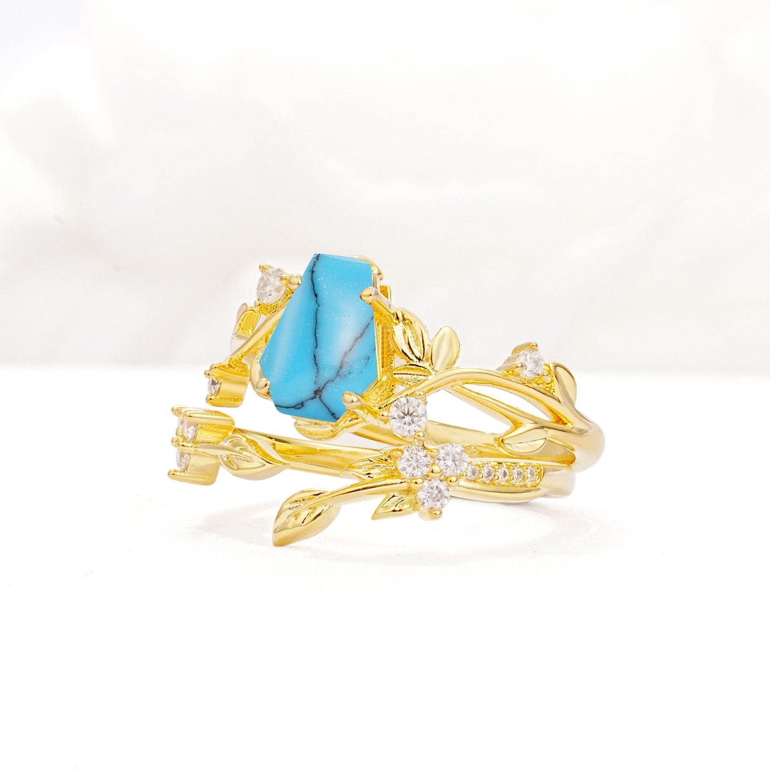 Nature-Inspired Coffin Cut Turquoise Engagement Ring Set with Leaf Accents - Rose-Gold