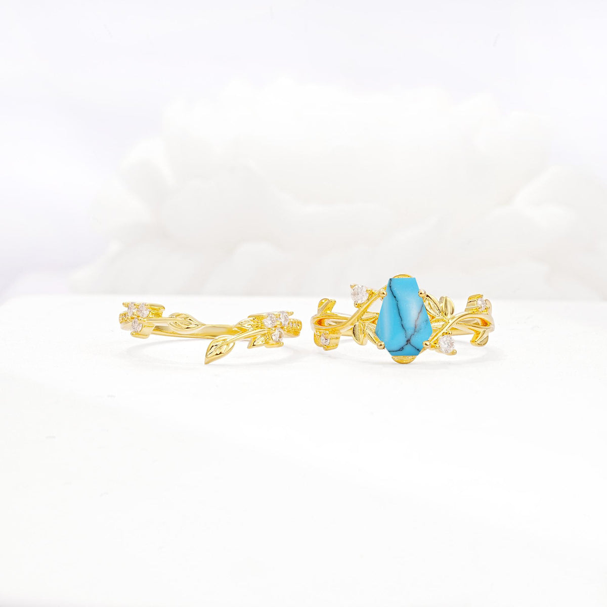 Nature-Inspired Coffin Cut Turquoise Engagement Ring Set with Leaf Accents - White-Gold