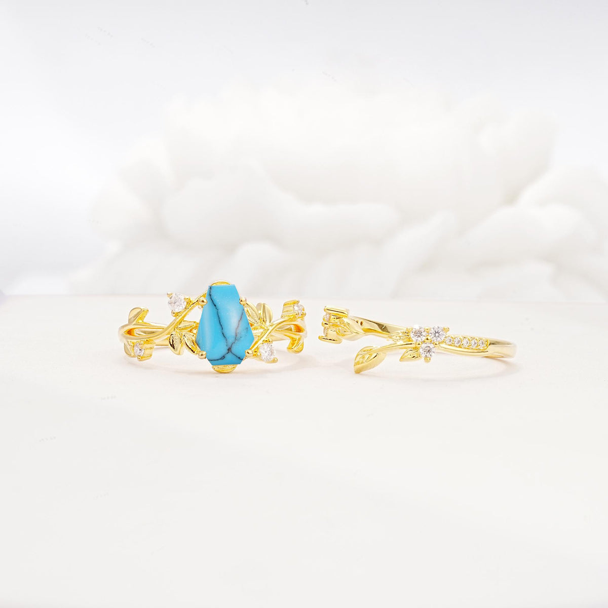 Nature-Inspired Coffin Cut Turquoise Engagement Ring Set with Leaf Accents - Additional view
