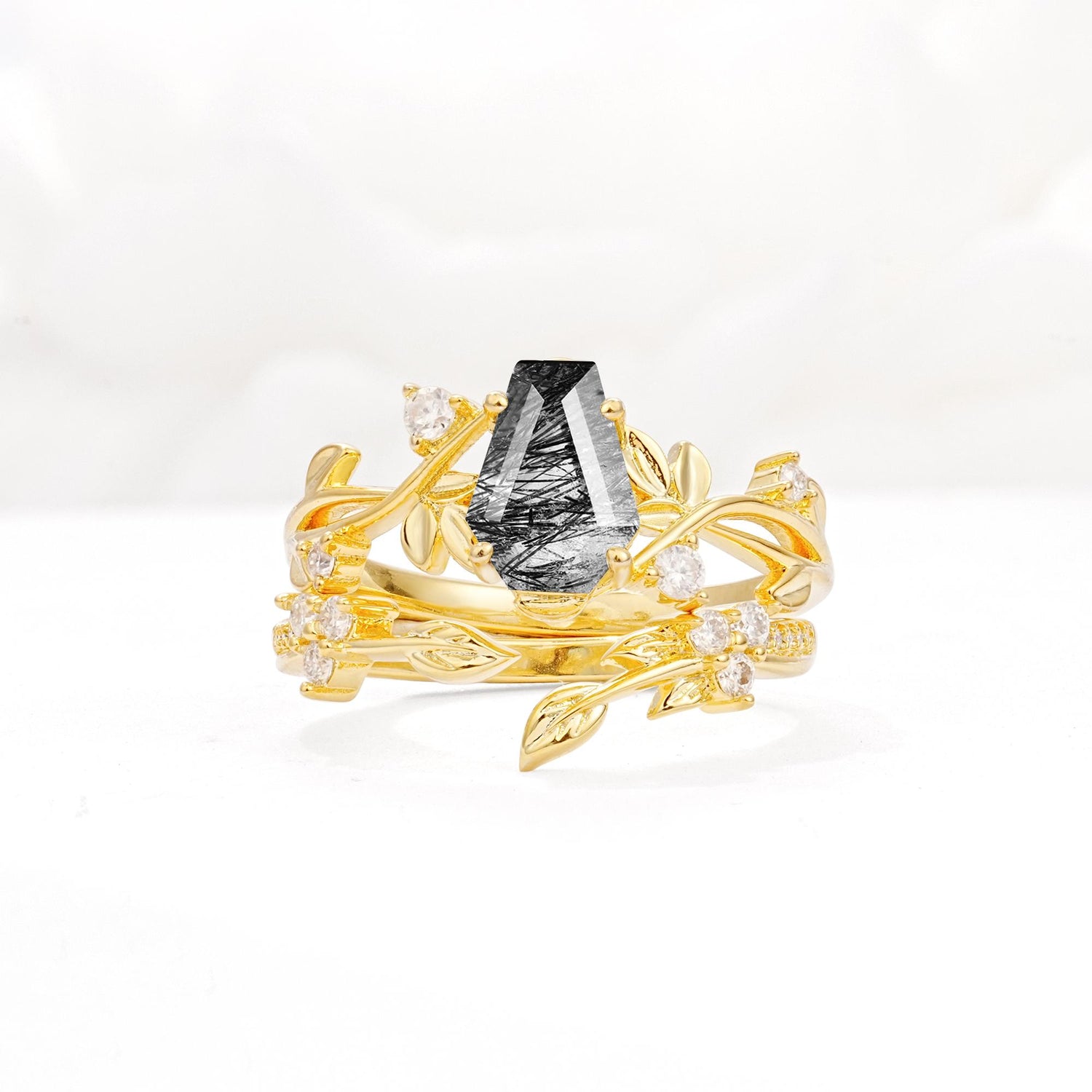 Nature-Inspired Coffin Cut Black Rutilated Quartz Engagement Ring Set with Leaf Accents - Yellow-Gold
