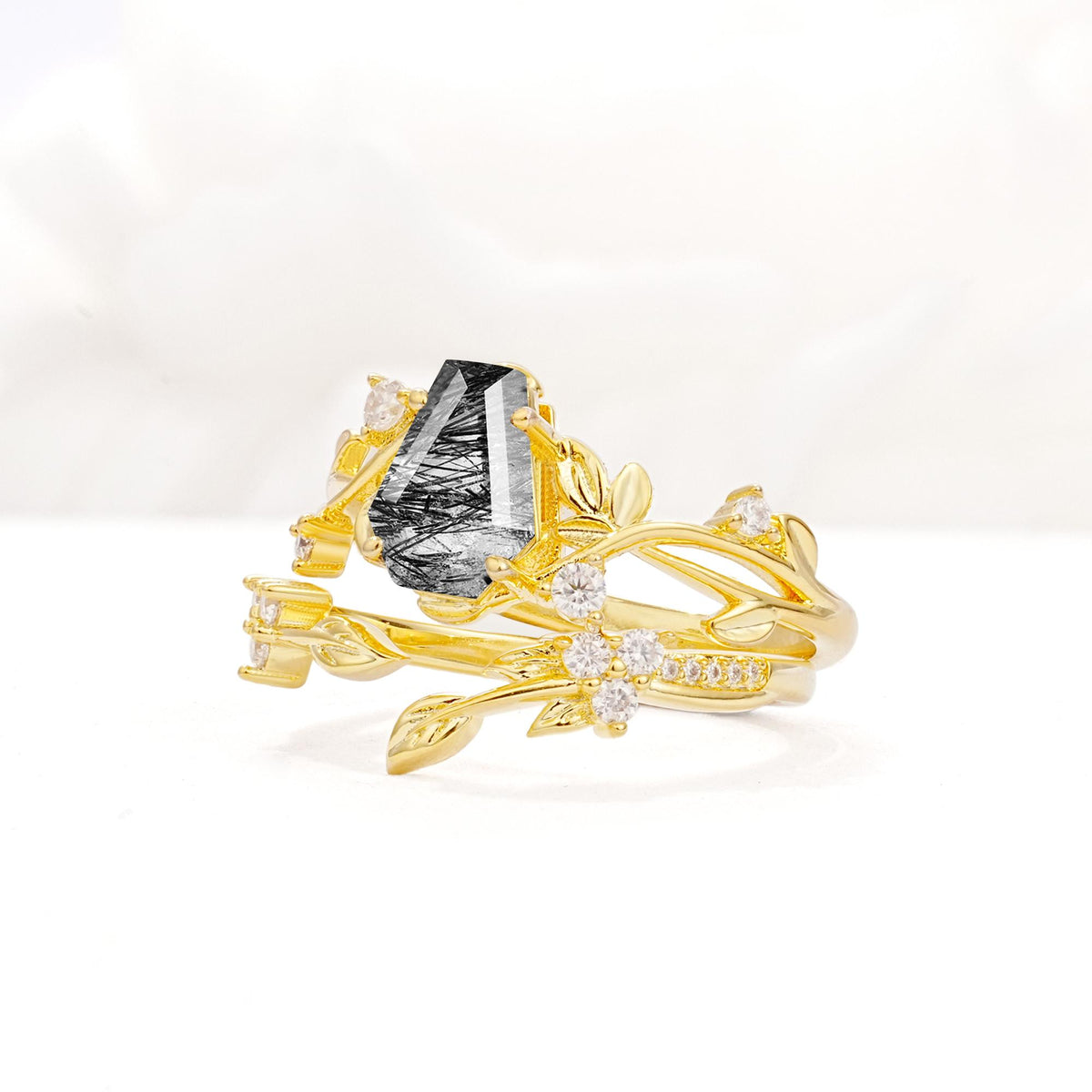 Nature-Inspired Coffin Cut Black Rutilated Quartz Engagement Ring Set with Leaf Accents - Rose-Gold