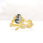 Nature-Inspired Coffin Cut Black Rutilated Quartz Engagement Ring Set with Leaf Accents - Rose-Gold