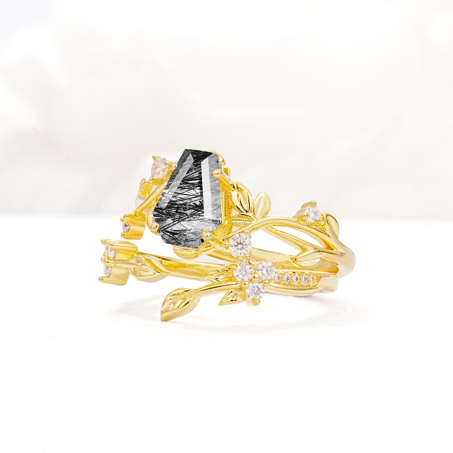 Nature-Inspired Coffin Cut Black Rutilated Quartz Engagement Ring Set with Leaf Accents - Rose-Gold