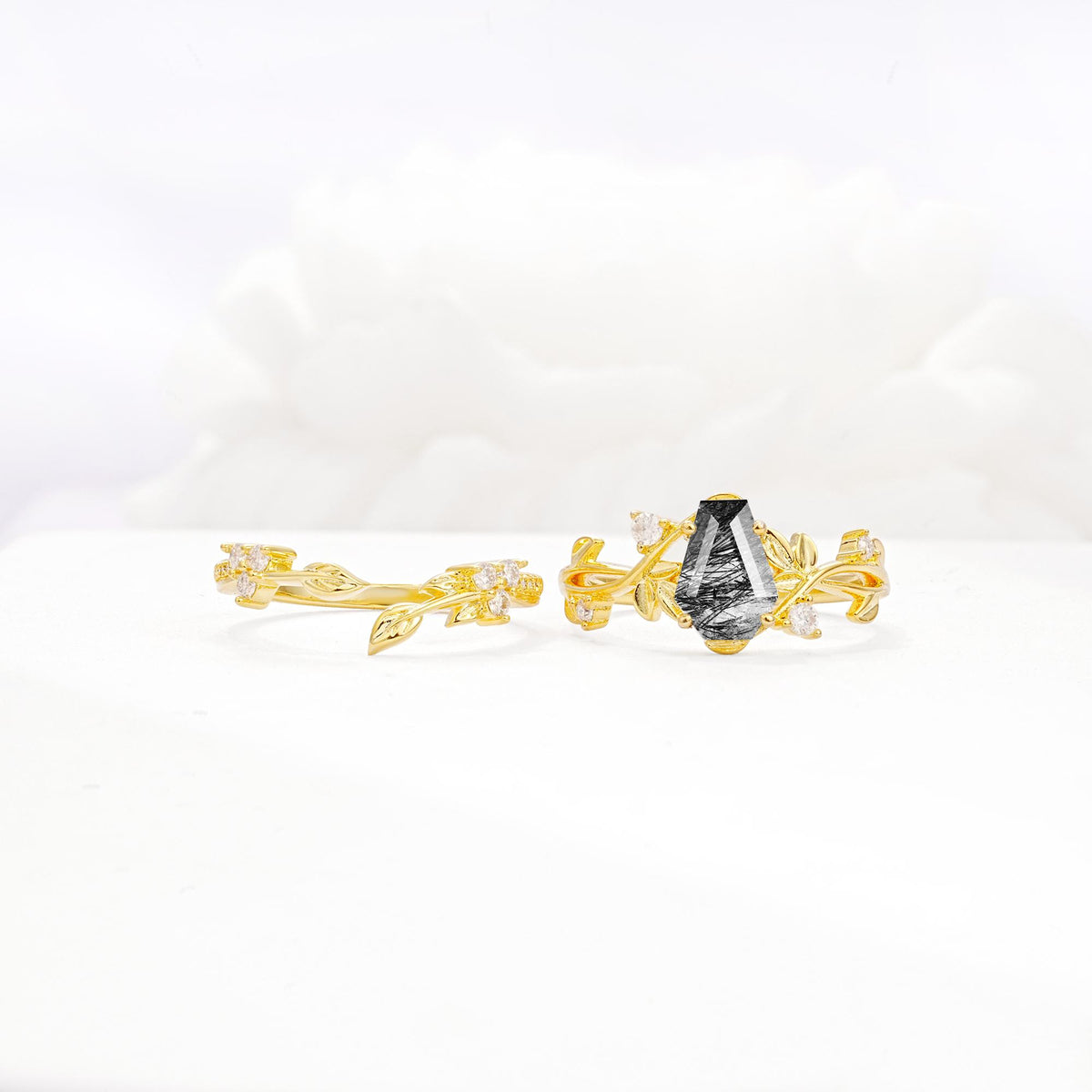 Nature-Inspired Coffin Cut Black Rutilated Quartz Engagement Ring Set with Leaf Accents - White-Gold