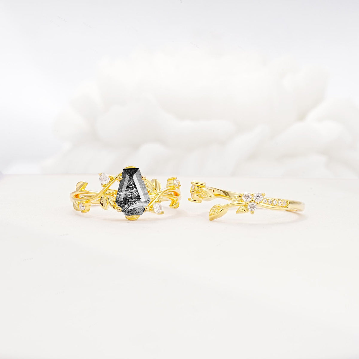 Nature-Inspired Coffin Cut Black Rutilated Quartz Engagement Ring Set with Leaf Accents - Additional view
