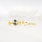 Nature-Inspired Coffin Cut Black Rutilated Quartz Engagement Ring Set with Leaf Accents - Additional view