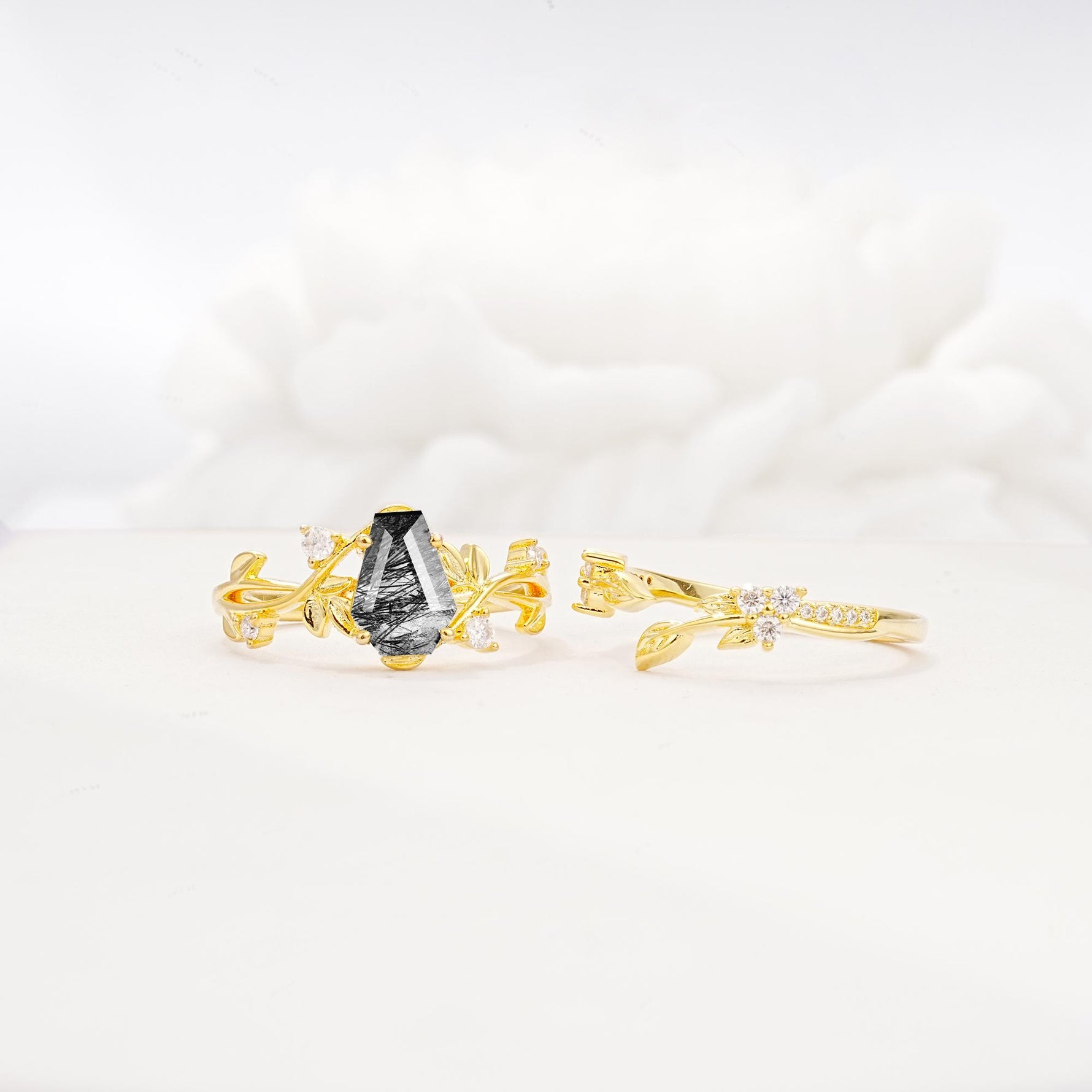 Nature-Inspired Coffin Cut Black Rutilated Quartz Engagement Ring Set with Leaf Accents - Additional view