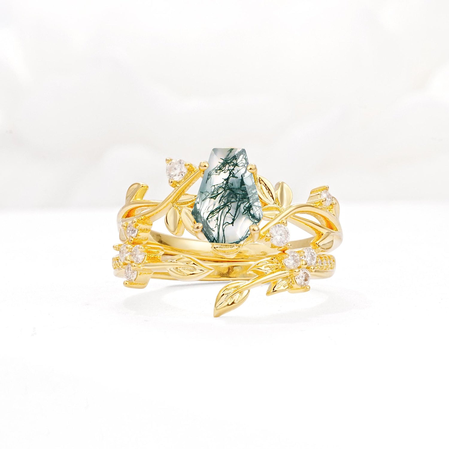 Nature-Inspired Coffin Cut Moss Agate Engagement Ring Set with Leaf Accents - Yellow-Gold