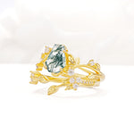 Nature-Inspired Coffin Cut Moss Agate Engagement Ring Set with Leaf Accents - Rose-Gold