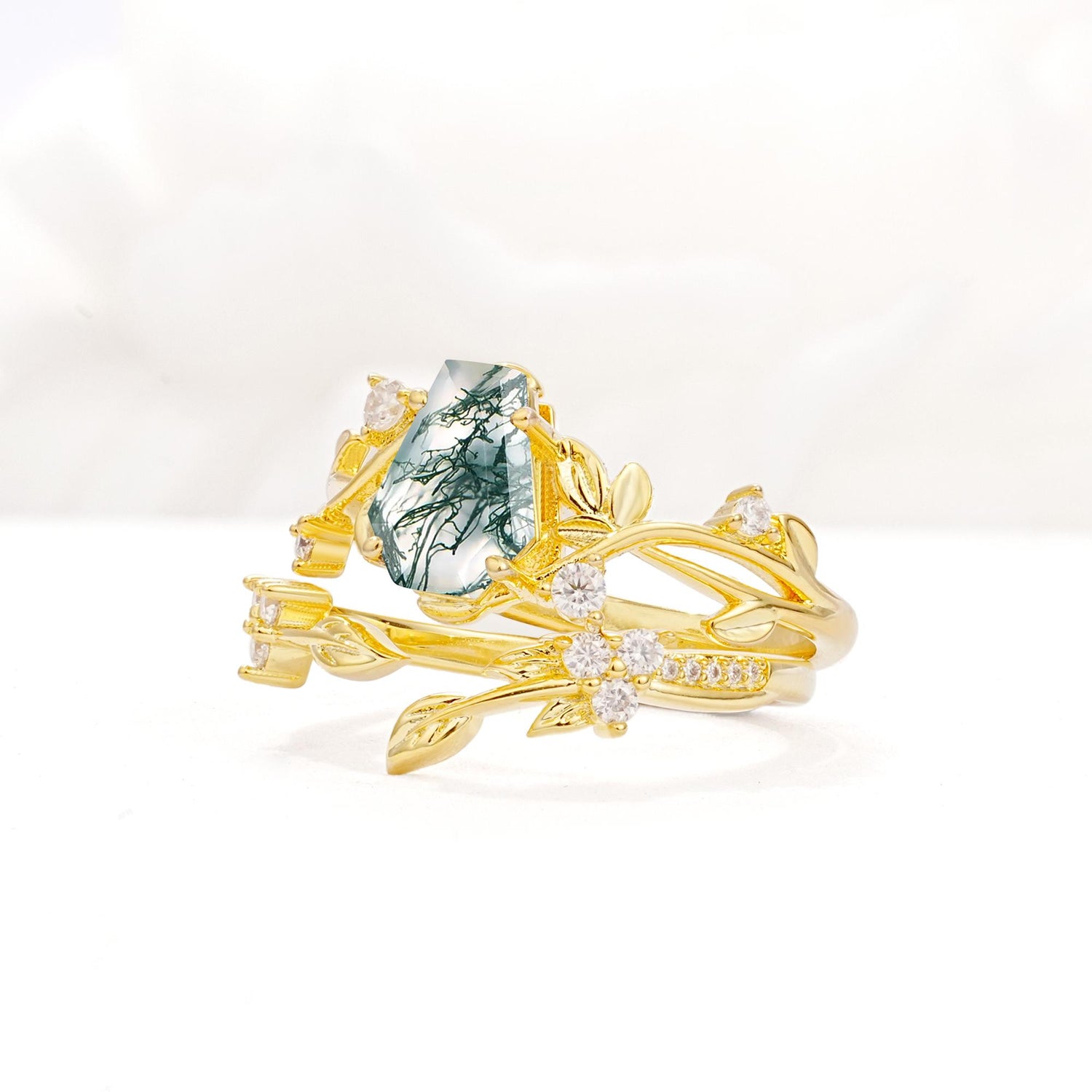 Nature-Inspired Coffin Cut Moss Agate Engagement Ring Set with Leaf Accents - Rose-Gold