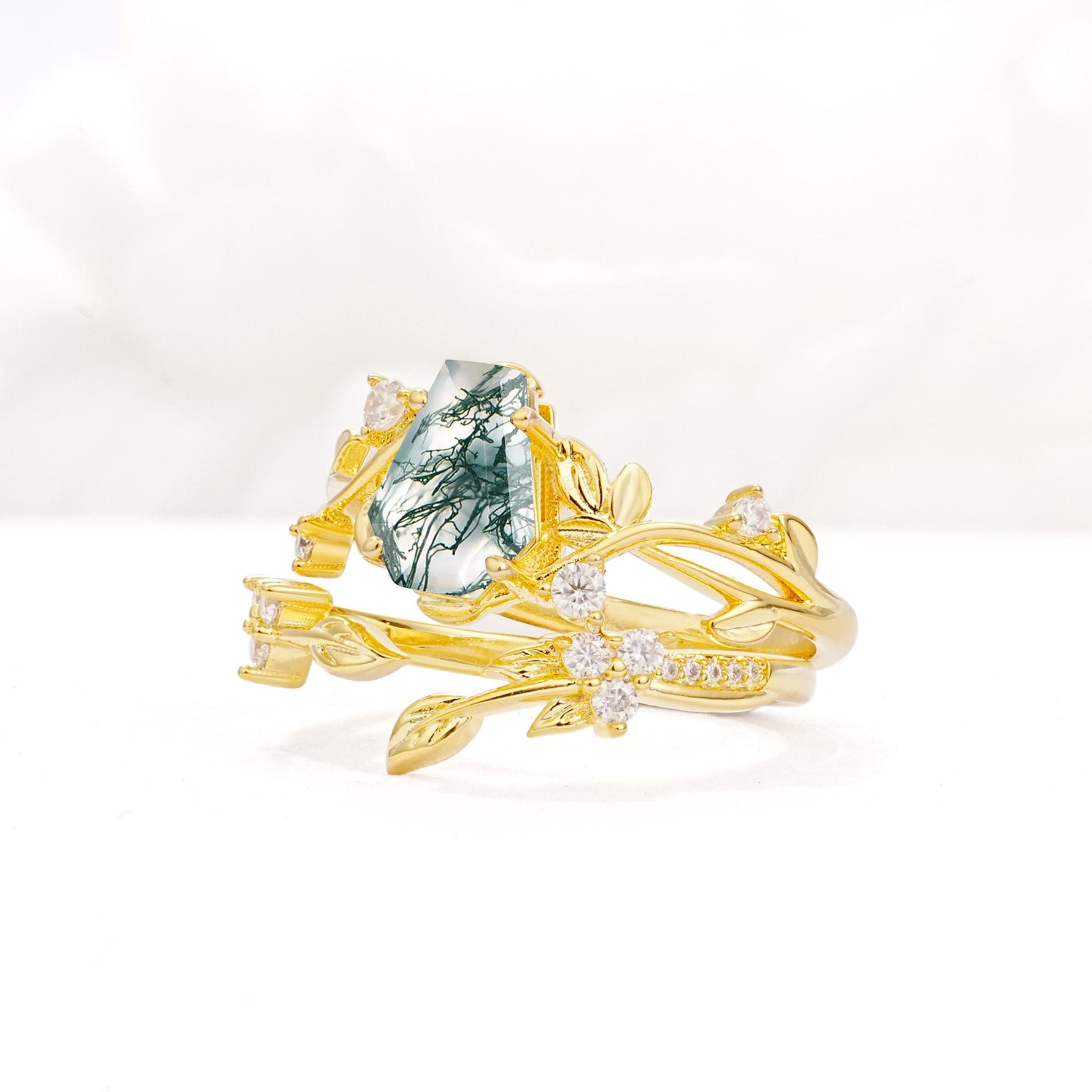 Nature-Inspired Coffin Cut Moss Agate Engagement Ring Set with Leaf Accents - Rose-Gold