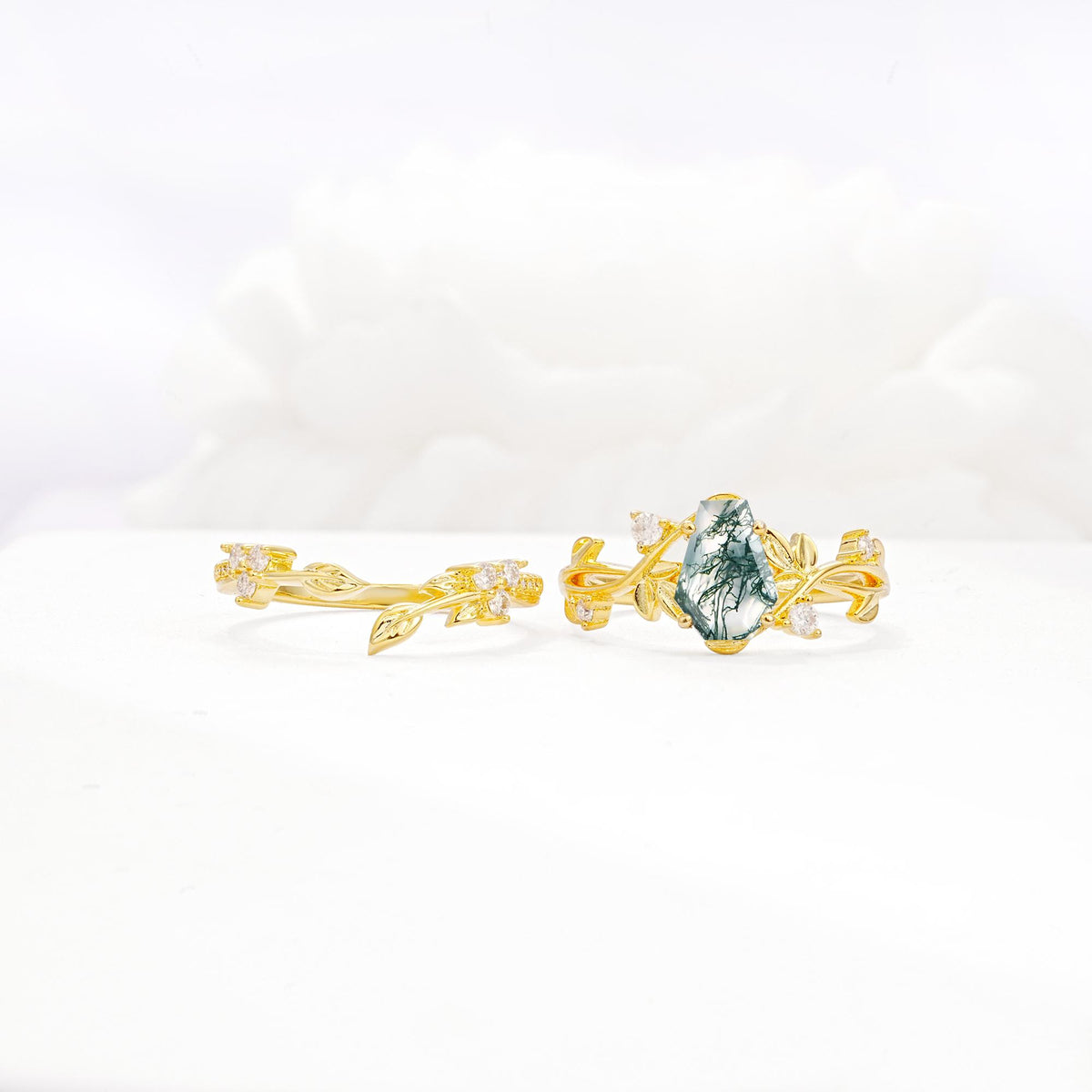 Nature-Inspired Coffin Cut Moss Agate Engagement Ring Set with Leaf Accents - White-Gold