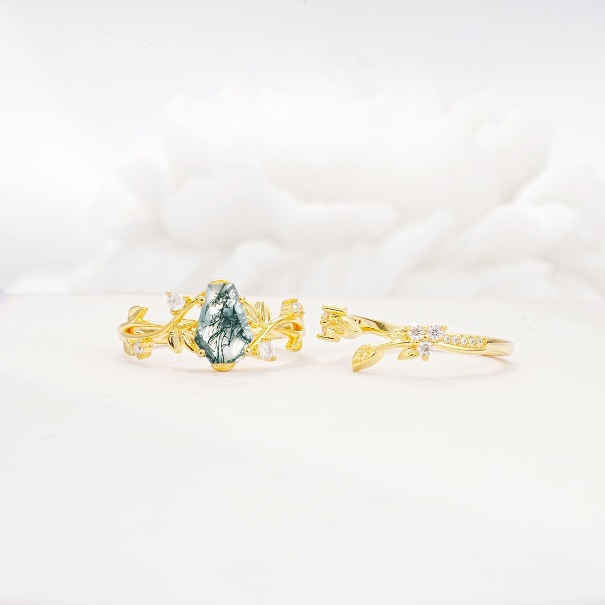 Nature-Inspired Coffin Cut Moss Agate Engagement Ring Set with Leaf Accents - Additional view