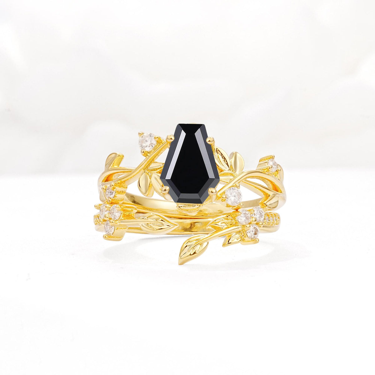 Nature-Inspired Coffin Cut Black Onyx Engagement Ring Set with Leaf Accents - Yellow-Gold