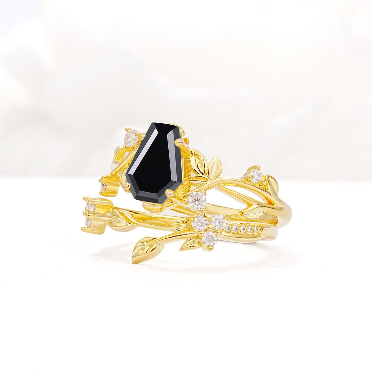 Nature-Inspired Coffin Cut Black Onyx Engagement Ring Set with Leaf Accents - Rose-Gold